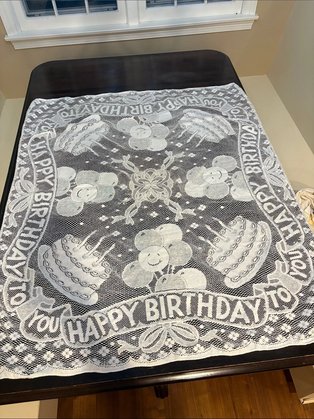 Vintage White 'Happy Birthday' Lace Tablecloth